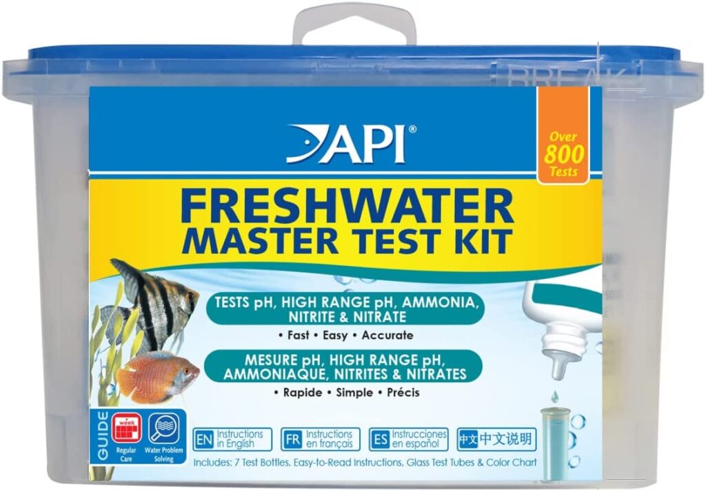 A box with API Freshwater Master Kit kit, Tests pH, High Range pH, Ammonia, Nitrite, and Nitrate Fast, Easy Accurate written on it. 