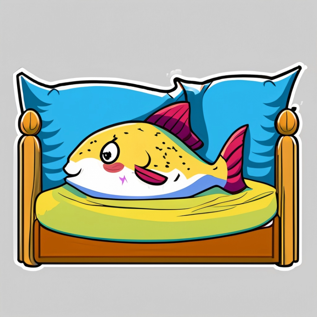 A cartoon fish asleep on a bed with pillows and a comfy cuhion to sleep on.