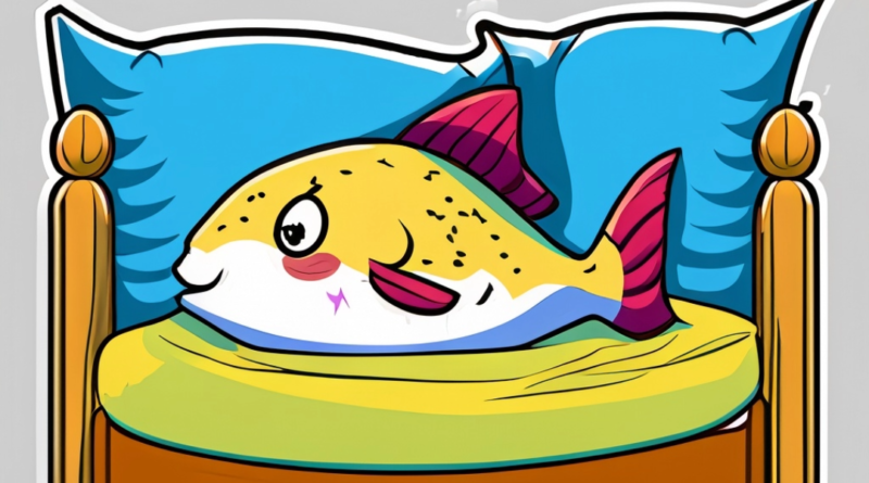 A cartoon fish asleep on a bed with pillows and a comfy cuhion to sleep on.